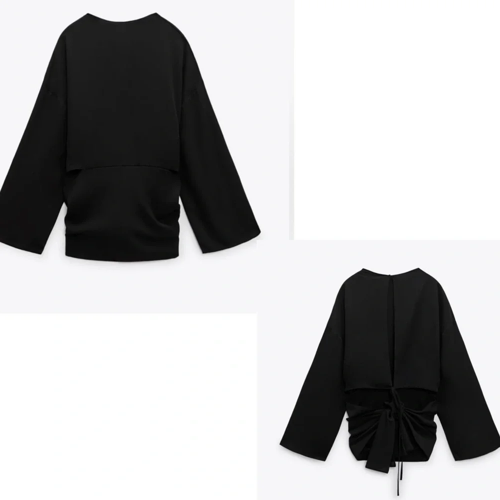 Zara Black Asymmetric Flowing Cut Out Open Back Blouse Top Tie Back NWOT - Picture 3 of 15
